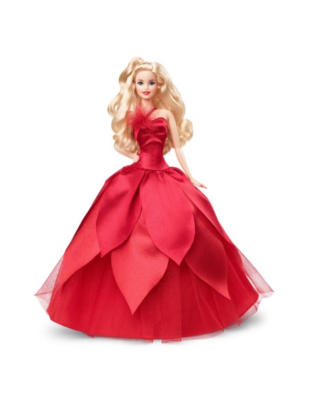 Barbie Signature Magia delle Feste 2022 bambola bionda, capelli ondulati, abito rosso con ampia gonna e orecchini pendenti, da