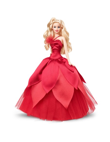 Barbie Signature Magia delle Feste 2022 bambola bionda, capelli ondulati, abito rosso con ampia gonna e orecchini pendenti, da