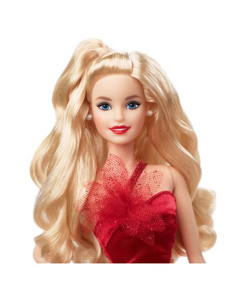 Barbie Signature Magia delle Feste 2022 bambola bionda, capelli ondulati, abito rosso con ampia gonna e orecchini pendenti, da