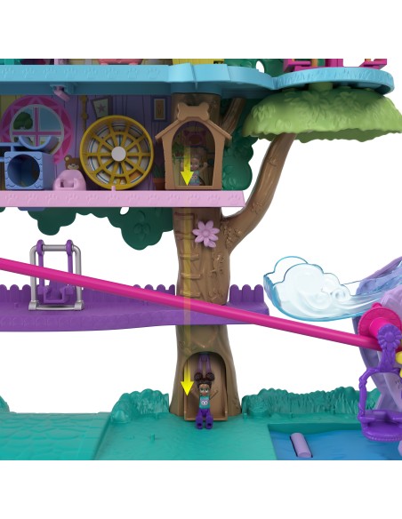 Polly Pocket Pollyville Casa sull'Albero dei Cuccioli, playset a 5 piani, 15+ pezzi gioco  2 bambole, veicolo, 4 animali e