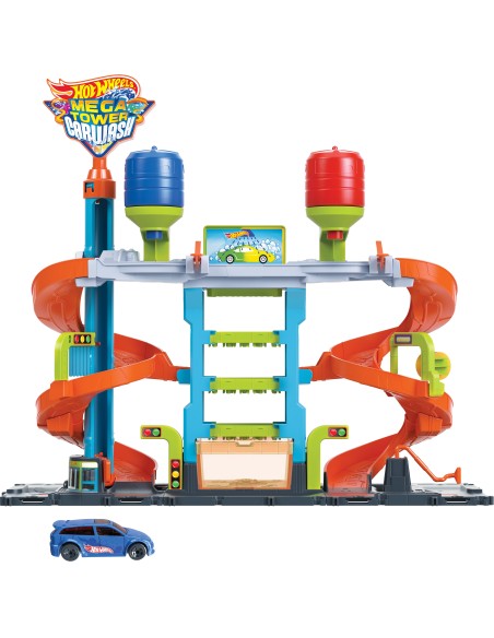 Hot Wheels City Mega Torre Autolavaggio, include 1 macchinina Color Shifters e pratici serbatoi per acqua, si collega ad altri
