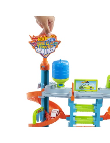 Hot Wheels City Mega Torre Autolavaggio, include 1 macchinina Color Shifters e pratici serbatoi per acqua, si collega ad altri