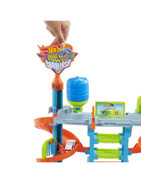 Hot Wheels City Mega Torre Autolavaggio, include 1 macchinina Color Shifters e pratici serbatoi per acqua, si collega ad altri