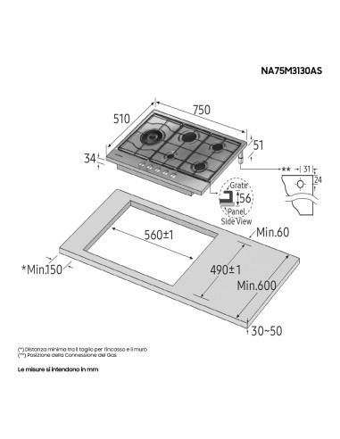 Samsung Piano cottura a gas 75cm NA75M3130AS