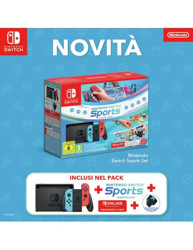 Nintendo Switch con Joy-Con Rosso Neon e Blu Neon + Switch Sports + fascia per la gamba + Tre mesi di Switch Online