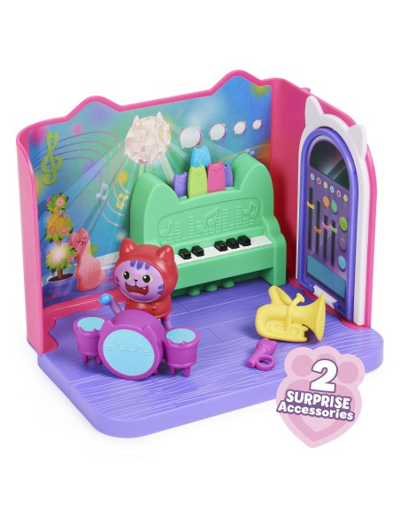 Gabby's Dollhouse , Groovy Music Room con personaggio Daniel James Catnip, 2 accessori, 2 mobili e 2 scatole con sorpresa,