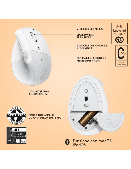 Logitech Lift for Mac mouse Mano destra RF senza fili + Bluetooth Ottico 4000 DPI