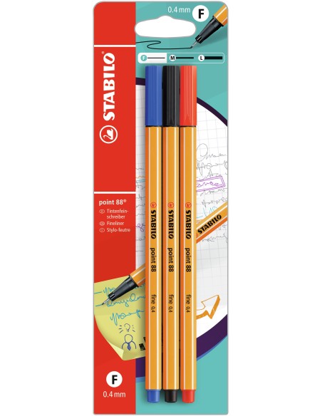 STABILO Fineliner - point 88 - Pack da 3 - Nero Blu Rosso