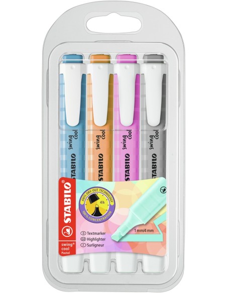 STABILO Evidenziatore - swing cool Pastel - Astuccio da 4 - Grigio Polvere Fucsia Freddo Azzurro Cielo Arancione Papaya