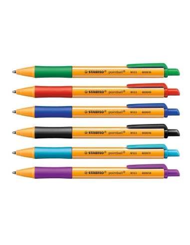 STABILO pointball Nero, Blu, Verde, Rosso, Turchese, Viola Penna a sfera retrattile a clip 6 pz
