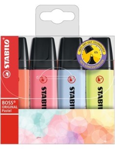 STABILO Evidenziatore - BOSS ORIGINAL Pastel - Astuccio da 4 - Rosso Corallo, Fior di Ciliegio, Azzurro Nuvola, Lime