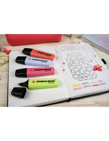 STABILO Evidenziatore - BOSS ORIGINAL Pastel - Astuccio da 4 - Rosso Corallo, Fior di Ciliegio, Azzurro Nuvola, Lime
