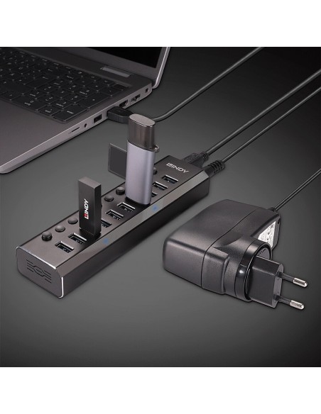 Lindy 10 Port USB 3.0 Hub with On Off Switches USB 3.2 Gen 1 (3.1 Gen 1) Type-B 5000 Mbit s Nero