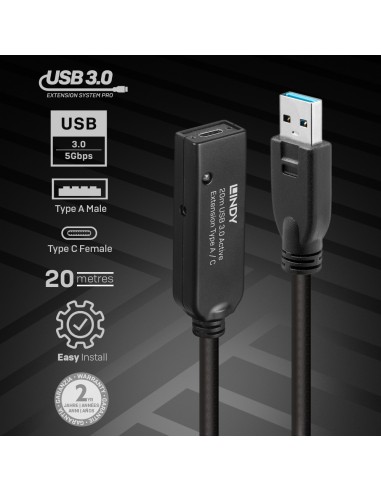 Lindy 43375 cavo USB 20 m USB 3.2 Gen 1 (3.1 Gen 1) USB A Nero