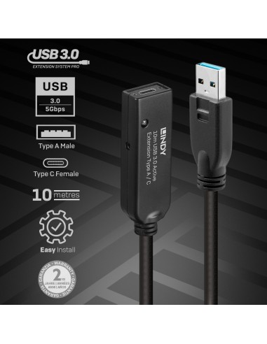 Lindy 43376 cavo USB 10 m USB 3.2 Gen 1 (3.1 Gen 1) USB A USB C Nero