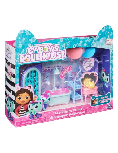 Gabby's Dollhouse Primp and Pamper Bathroom con personaggio MerCat, 3 accessori, 3 mobili e 2 scatole con sorpresa, giocattoli