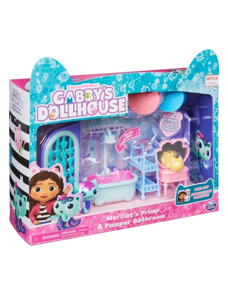 Gabby's Dollhouse Primp and Pamper Bathroom con personaggio MerCat, 3 accessori, 3 mobili e 2 scatole con sorpresa, giocattoli