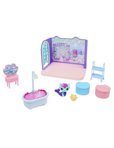 Gabby's Dollhouse Primp and Pamper Bathroom con personaggio MerCat, 3 accessori, 3 mobili e 2 scatole con sorpresa, giocattoli
