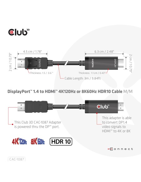 CLUB3D CAC-1087 cavo e adattatore video 3 m DisplayPort HDMI Nero