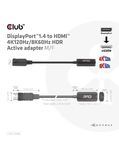 CLUB3D CAC-1088 cavo e adattatore video 0,21 m DisplayPort HDMI Nero