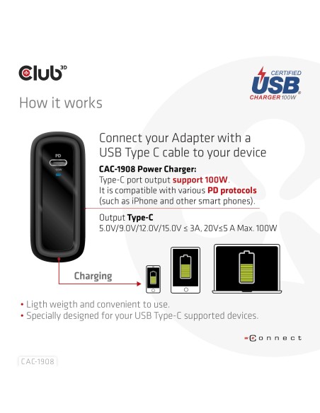 CLUB3D CAC-1908 Caricabatterie per dispositivi mobili Comandi di gaming, Computer portatile, Telefono cellulare, Computer
