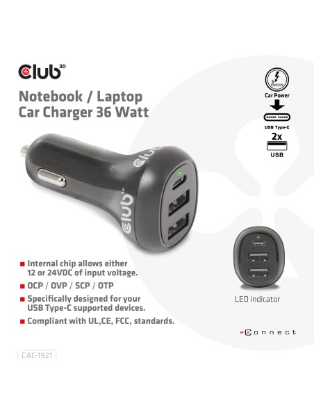 CLUB3D USB KFZ-Ladegerät 1xUSB C 2xUSB A 36W 12 24V retail