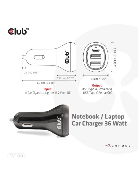 CLUB3D USB KFZ-Ladegerät 1xUSB C 2xUSB A 36W 12 24V retail