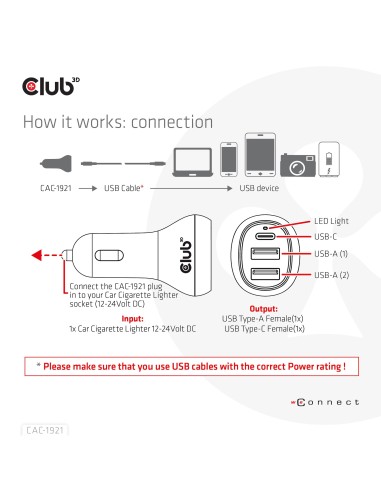 CLUB3D USB KFZ-Ladegerät 1xUSB C 2xUSB A 36W 12 24V retail