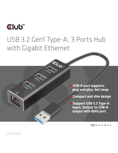 CLUB3D USB 3.2 Gen1 Type-A, 3 Ports Hub with Gigabit Ethernet