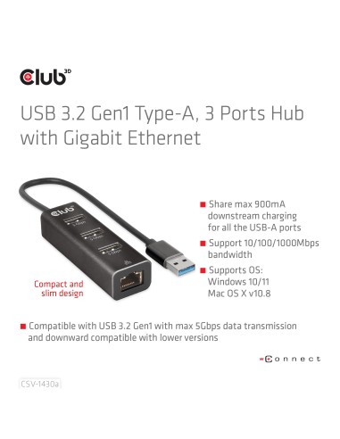 CLUB3D USB 3.2 Gen1 Type-A, 3 Ports Hub with Gigabit Ethernet