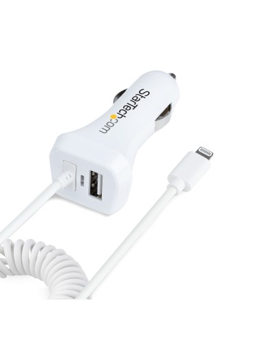 StarTech.com Caricatore da auto a due porte USB con cavo Lightning a spirale integrato da 1m Adattatore accendisigari USB per