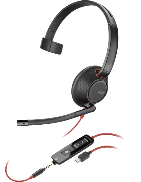 POLY Cuffie monoaurali Blackwire 5210 con connettore USB-C + spina da 3,5 mm + adattatore USB-C A