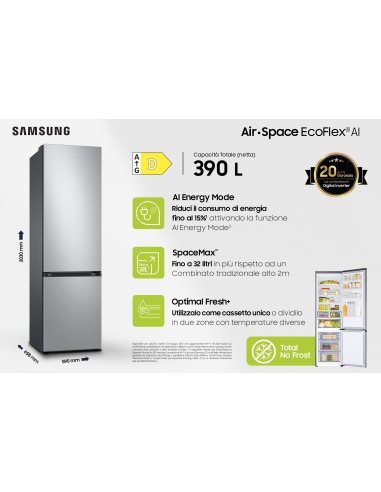 Samsung RB38C603DSA frigorifero Combinato EcoFlex AI Libera installazione con congelatore Wifi 2m 390 L Classe D, Inox