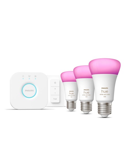 Philips Hue White and Color ambiance Starter Kit Bridge + 3 Lampadine Smart E27 75W+ Dimmer Switch