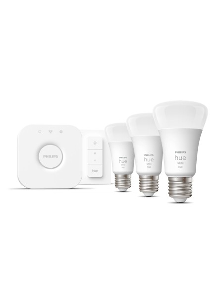 Philips Hue White Starter Kit Bridge + 3 Lampadine Smart E27 75W + Dimmer Switch