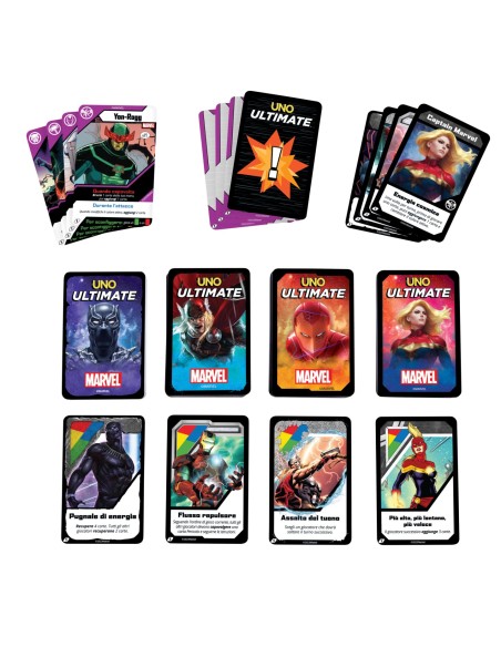 Games Uno Ultimate Marvel Gioco Di Carte Con 4 Carte Laminate Da Collezione  Black Panther, Captain Marvel, Iron Man E Thor