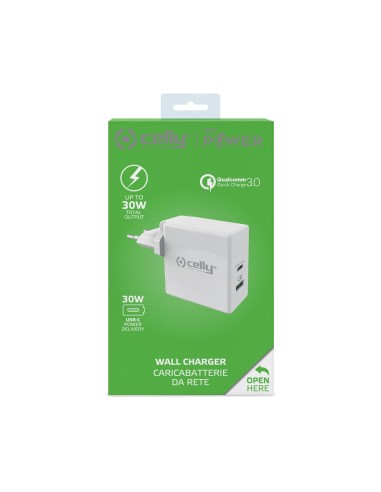 Celly TCUSBC30WWH Caricabatterie per dispositivi mobili Universale Bianco AC Ricarica rapida Interno