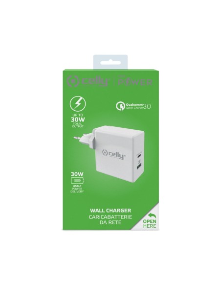 Celly TCUSBC30WWH Caricabatterie per dispositivi mobili Universale Bianco AC Ricarica rapida Interno