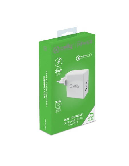 Celly TCUSBC30WWH Caricabatterie per dispositivi mobili Universale Bianco AC Ricarica rapida Interno