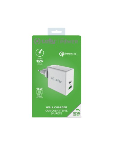 Celly TCUSBC45WWH Caricabatterie per dispositivi mobili Universale Bianco AC Ricarica rapida Interno