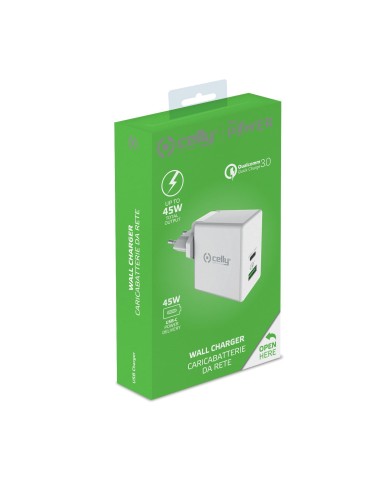 Celly TCUSBC45WWH Caricabatterie per dispositivi mobili Universale Bianco AC Ricarica rapida Interno
