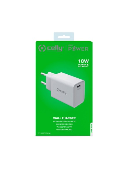 Celly TC1USBC18WWH Caricabatterie per dispositivi mobili Smartphone, Orologio intelligente, Tablet Bianco AC Interno