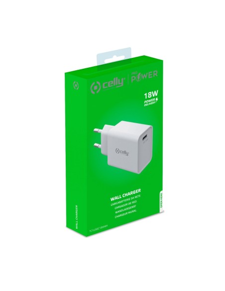 Celly TC1USBC18WWH Caricabatterie per dispositivi mobili Smartphone, Orologio intelligente, Tablet Bianco AC Interno