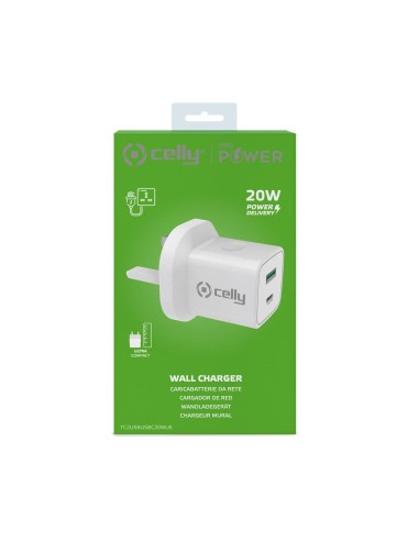 Celly TC2USBUSBC20WUK Caricabatterie per dispositivi mobili Smartphone, Orologio intelligente, Tablet Bianco AC Interno