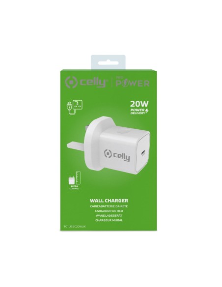 Celly TC1USBC20WUK Caricabatterie per dispositivi mobili Fotocamera, Comandi di gaming, Cuffie, Telefono cellulare, Power bank,
