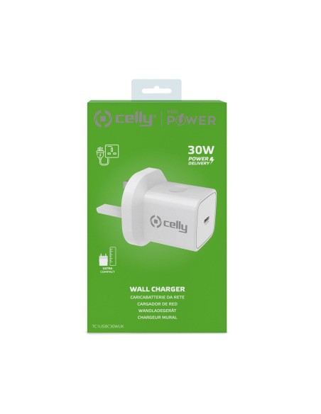 Celly TC1USBC30WUK Caricabatterie per dispositivi mobili Smartphone, Orologio intelligente, Tablet Bianco AC Interno