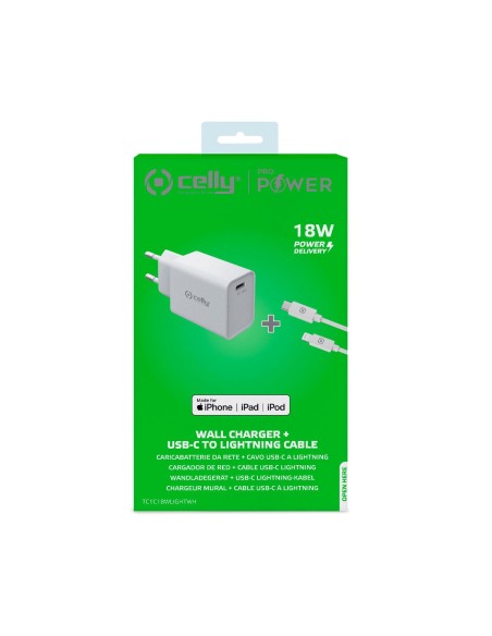 Celly TC1C18WLIGHTWH Caricabatterie per dispositivi mobili Smartphone, Orologio intelligente, Tablet Bianco AC Interno