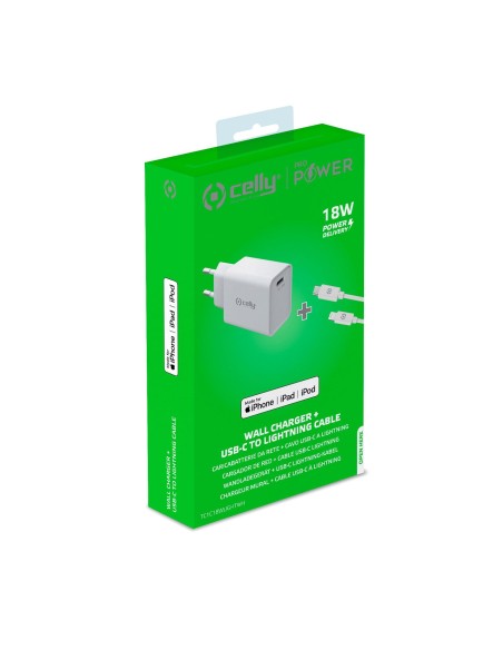 Celly TC1C18WLIGHTWH Caricabatterie per dispositivi mobili Smartphone, Orologio intelligente, Tablet Bianco AC Interno
