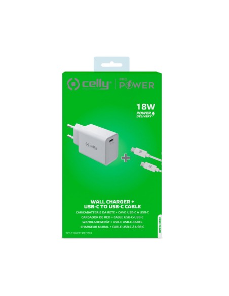 Celly TC1C18WTYPECWH Caricabatterie per dispositivi mobili Smartphone, Orologio intelligente, Tablet Bianco AC Interno