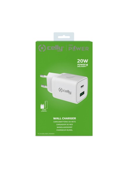 Celly TC2USBUSBC20WWH Caricabatterie per dispositivi mobili Smartphone, Orologio intelligente, Tablet Bianco AC Interno